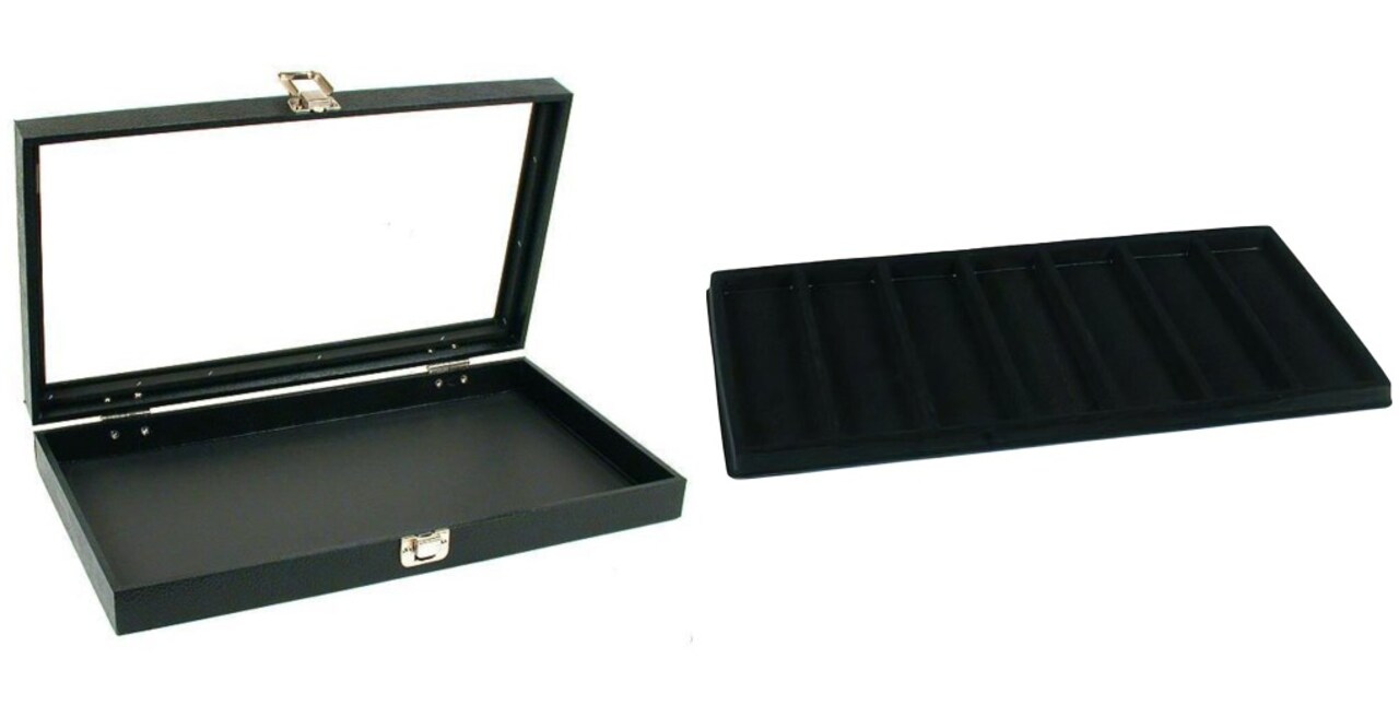 Black Glass Top Jewelry Case w/ 1 Black 7-Slot Plastic Tray (Single metal latch)